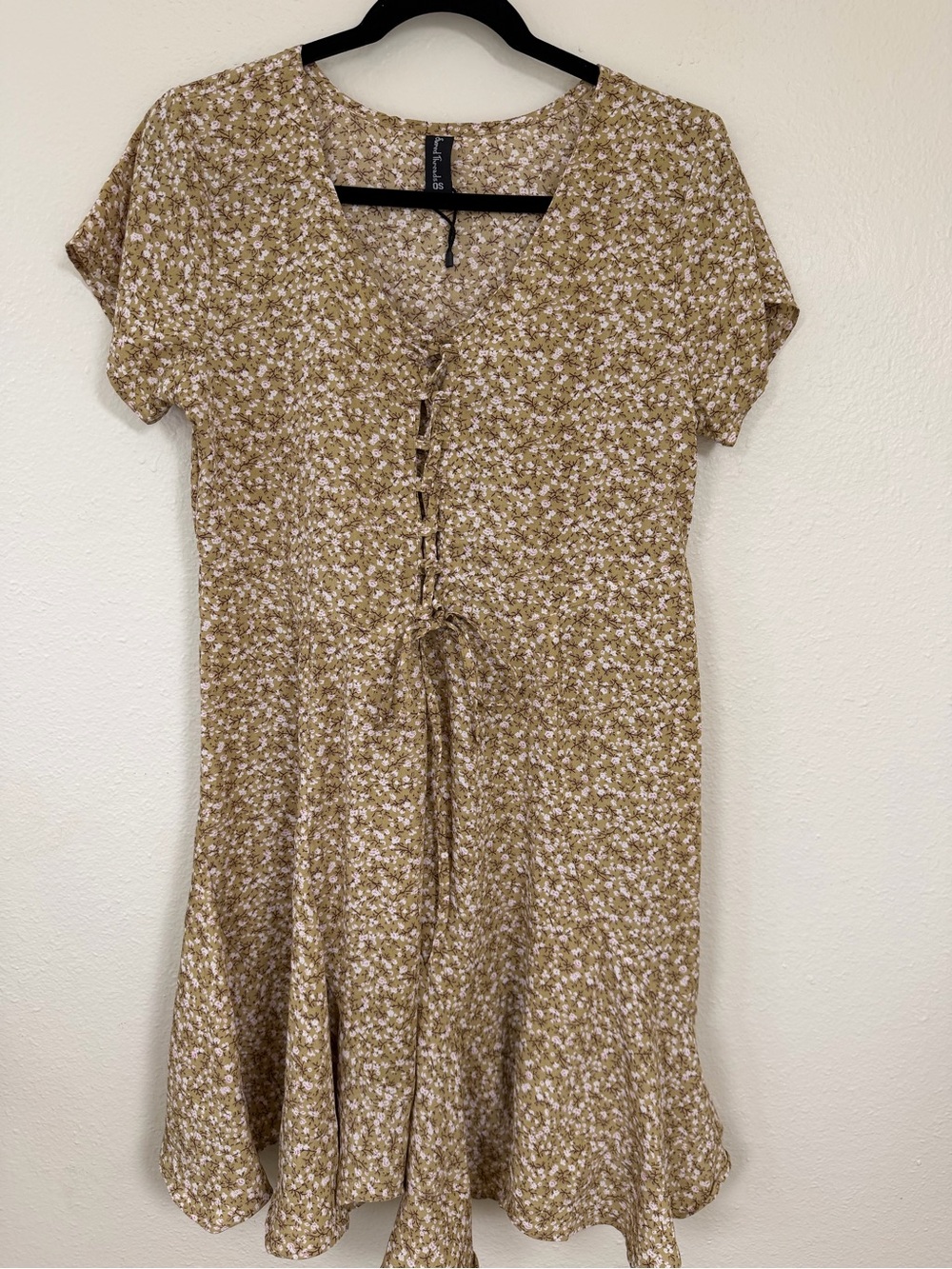 Sacred Threads Floral Lace-Up Mini Dress Women Small Mustard Yellow Cottagecore